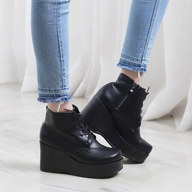 [GIRLS GOOB] Women's Comfortable  Lace Up Wedge Platform Boots, Synthetic Leather - Made in KOREA